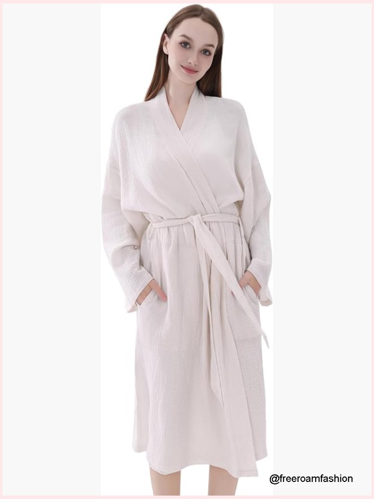 Organic Cotton Bathrobe Long Sleeve Nightgown Waist-Tie Robe